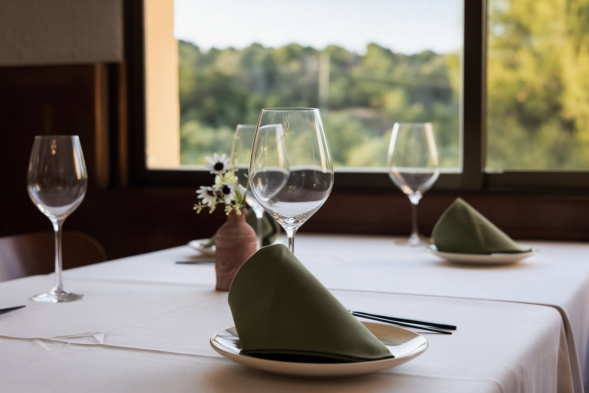 Mesa con mantel blanco junto a la ventana con el paisaje de pinos de El Chorro