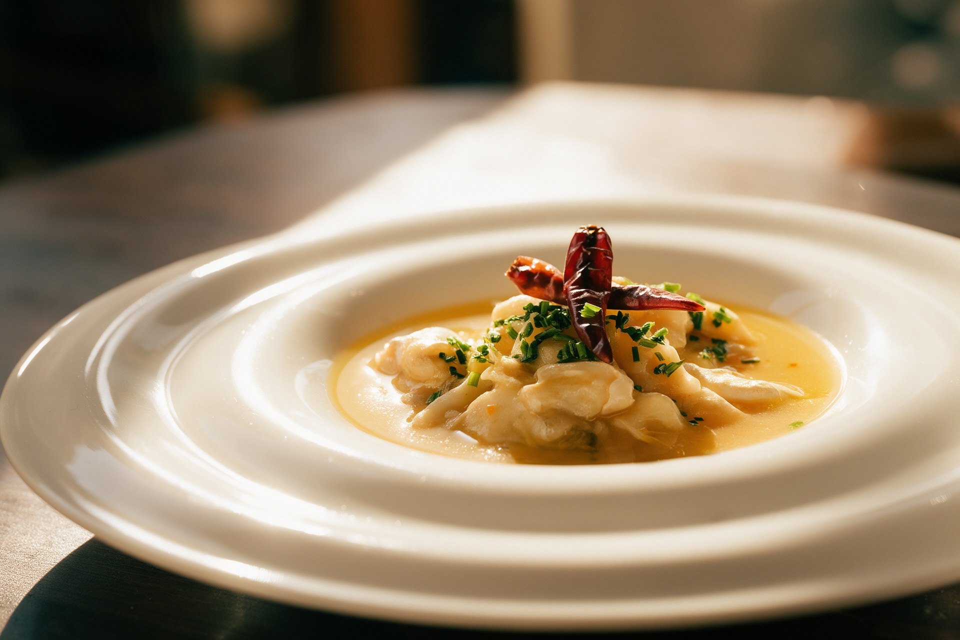 Guiso cremoso de pescado con guindilla y hierbas en un plato hondo blanco