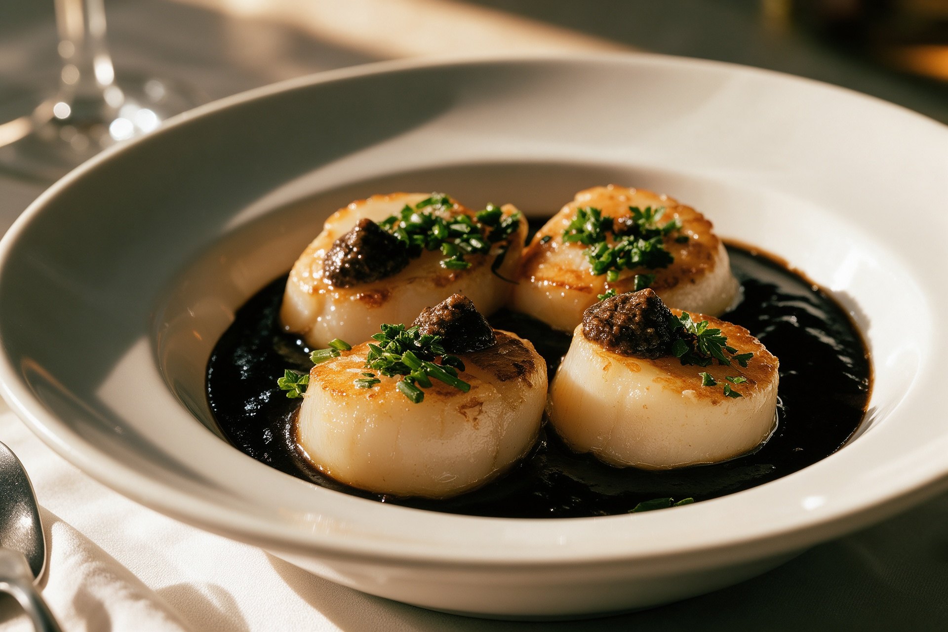 Vieras doradas con relish de hierbas sobre salsa oscura en plato hondo