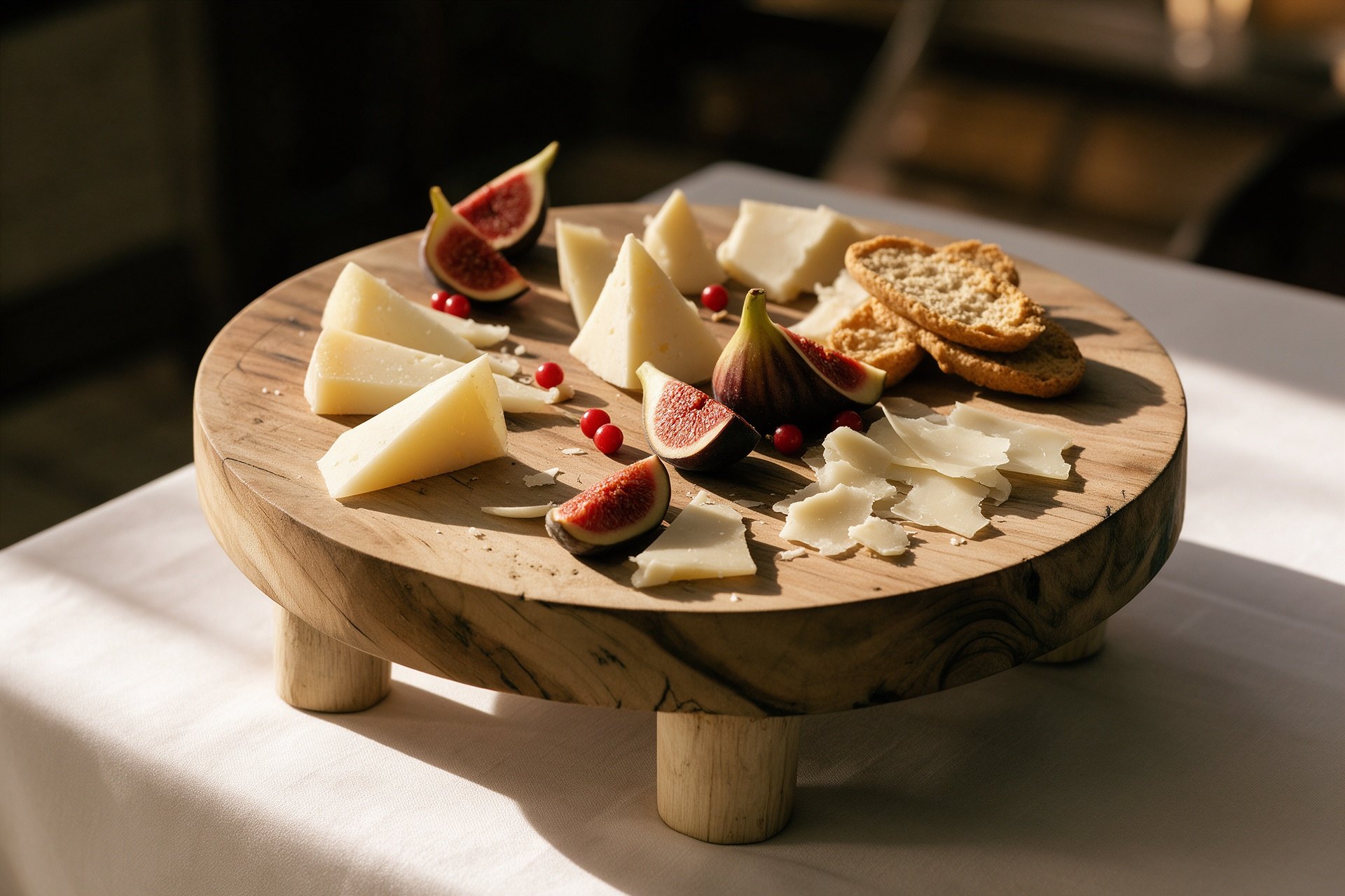 Tabla redonda de madera con cuñas de queso local, higos y frutos rojos